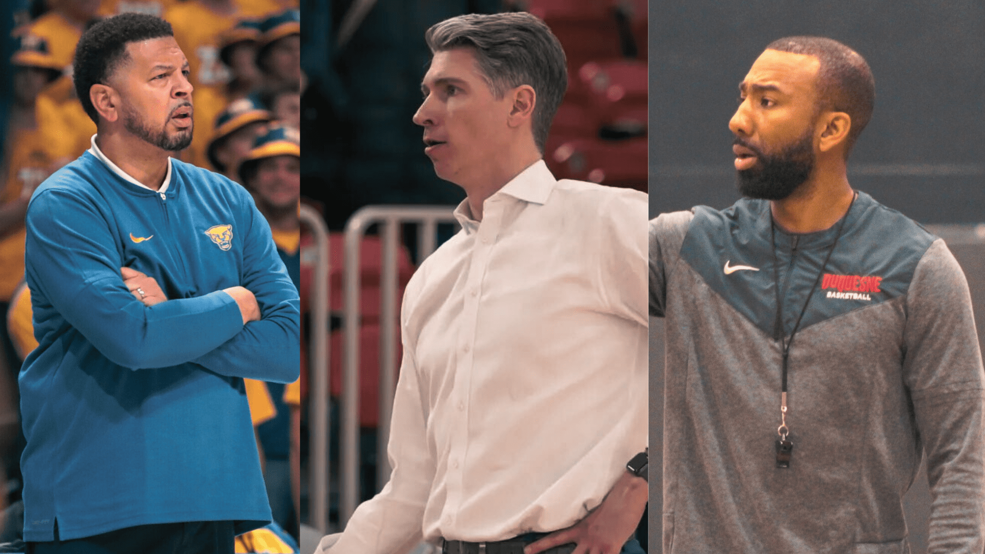 From left to right: Pittsburgh men's basketball head coach Jeff Capel, Robert Morris men's basketball head coach Andy Toole, Duquesne men's basketball head coach Dru Joyce III.