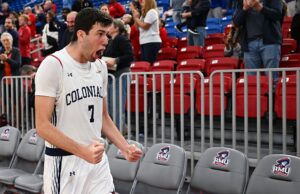 Robert Morris forward Alvaro Folgueiras celebrates after triple overtime victory against Northern Kentucky -- Robert Morris Athletics