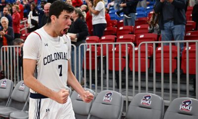 Robert Morris forward Alvaro Folgueiras celebrates after triple overtime victory against Northern Kentucky -- Robert Morris Athletics