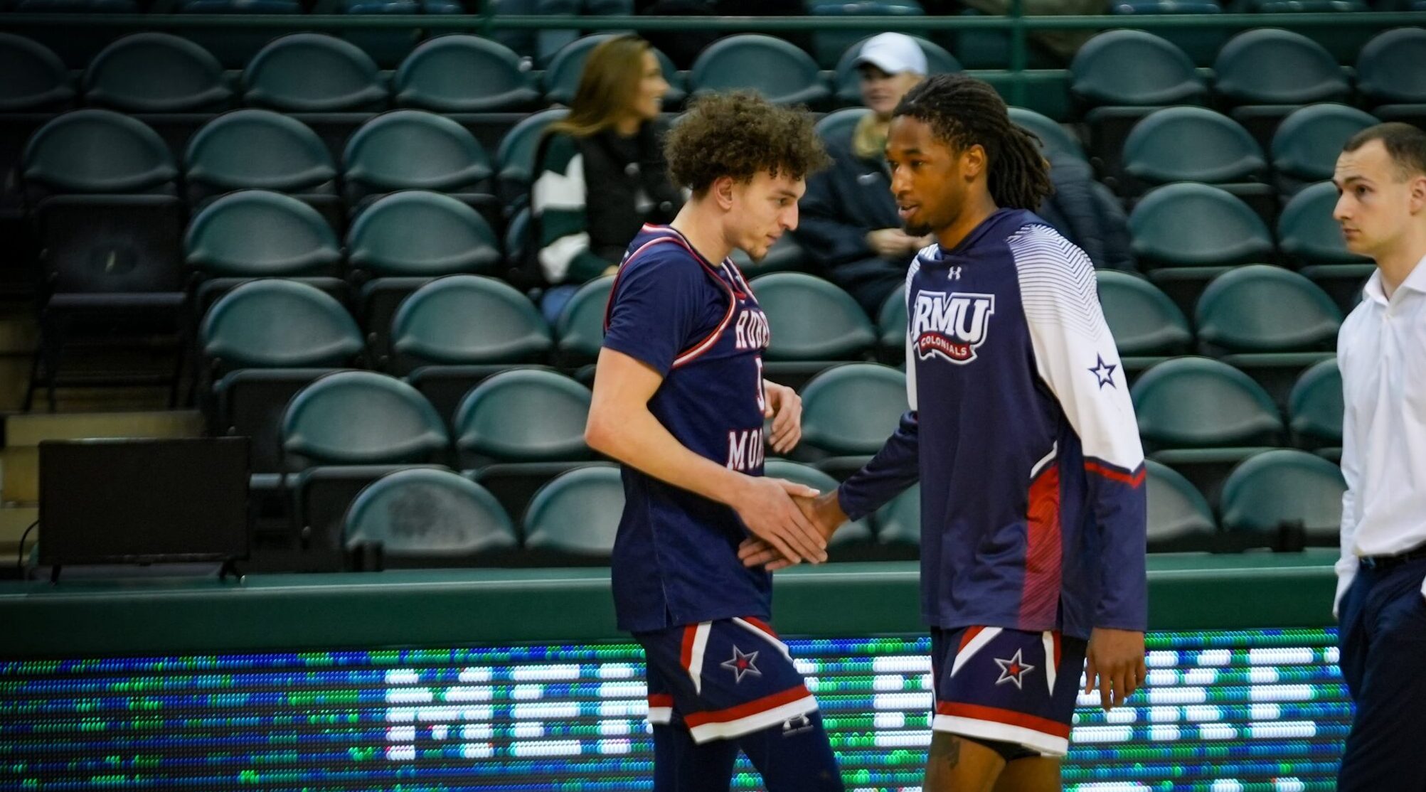 Robert Morris guard Justice Williams prior to a game during the 2023-24 season -- RMU athletics