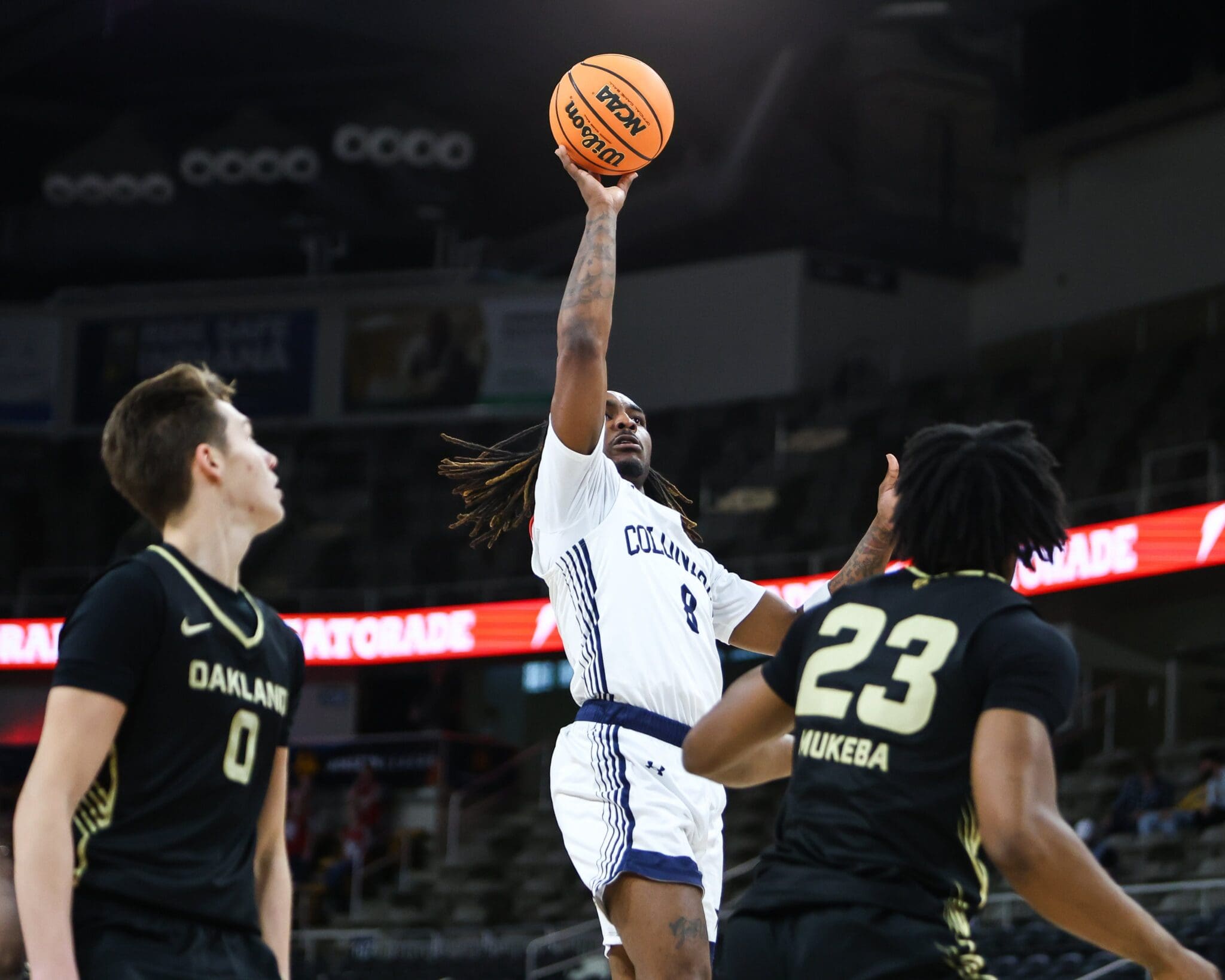Robert Morris guard Kam Woods shoots a floating jump shot in the semifinal matchup against Oakland -- RMU Athletics