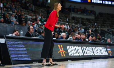 Robert Morris women's head coach Chandler McCabe in the Colonials Horizon League semifinal against Green Bay in Indianapolis -- RMU Athletics