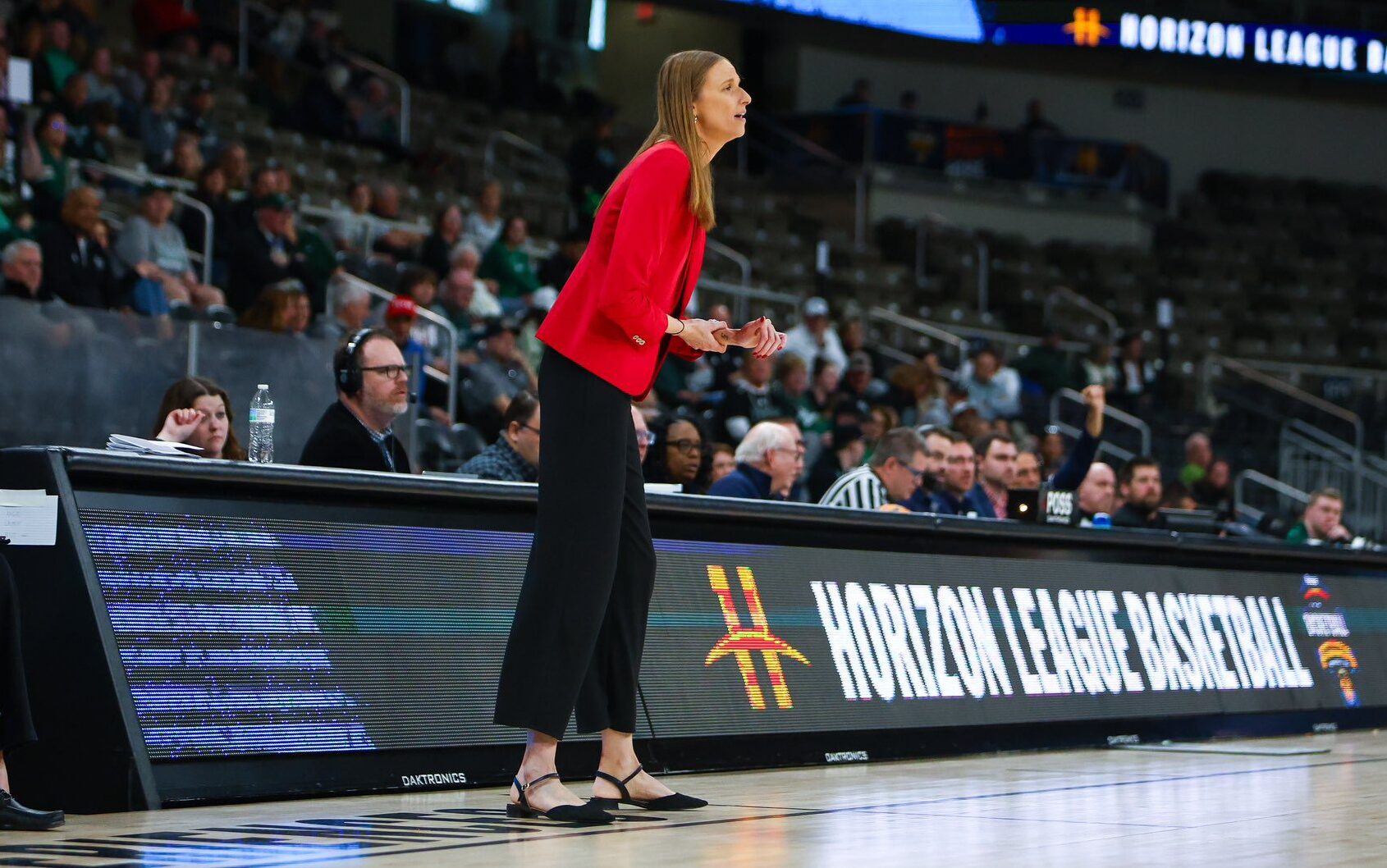 Robert Morris women's head coach Chandler McCabe in the Colonials Horizon League semifinal against Green Bay in Indianapolis -- RMU Athletics