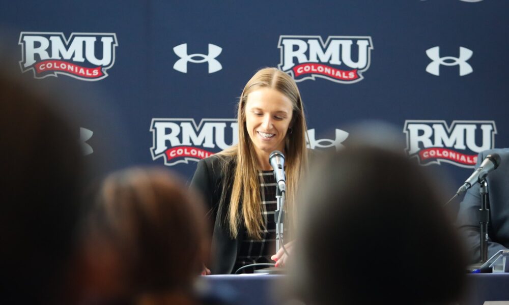 Robert Morris women's head coach Chandler McCabe at her introductory press conference -- RMU Athletics