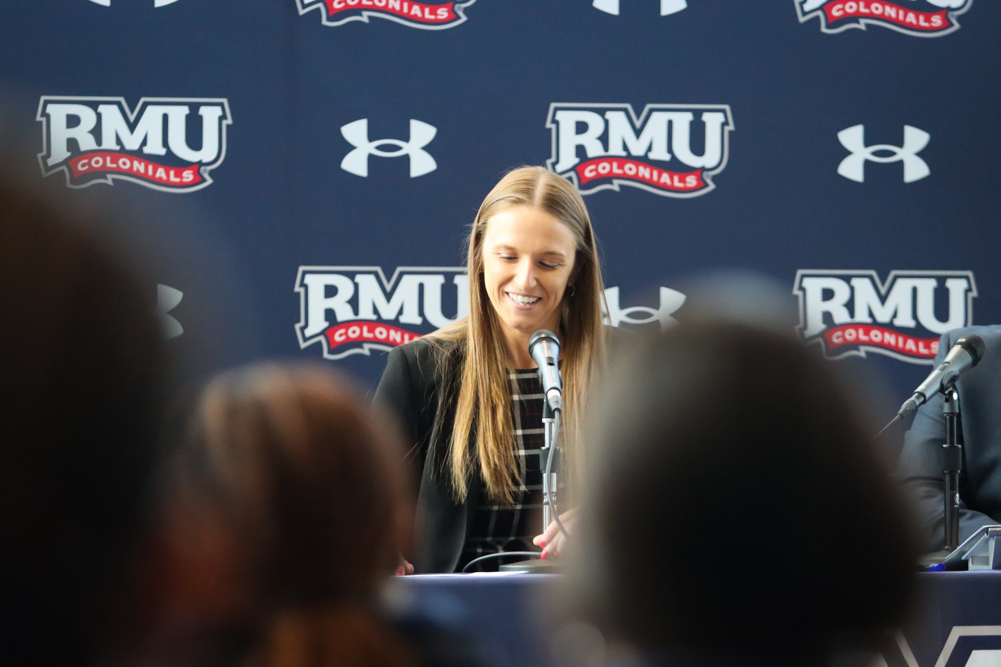 Robert Morris women's head coach Chandler McCabe at her introductory press conference -- RMU Athletics