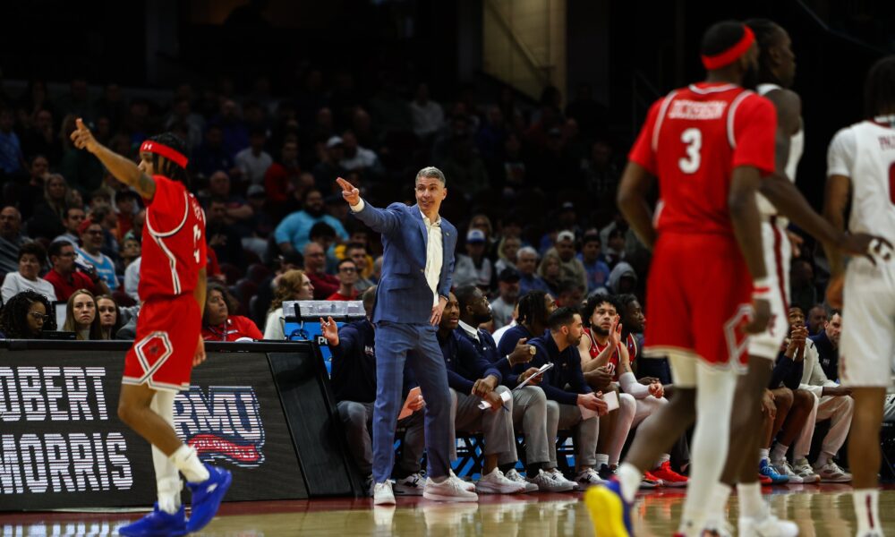Robert Morris head coach Andy Toole against Alabama in the NCAA Tournament on March 21, 2025 -- RMU Athletics