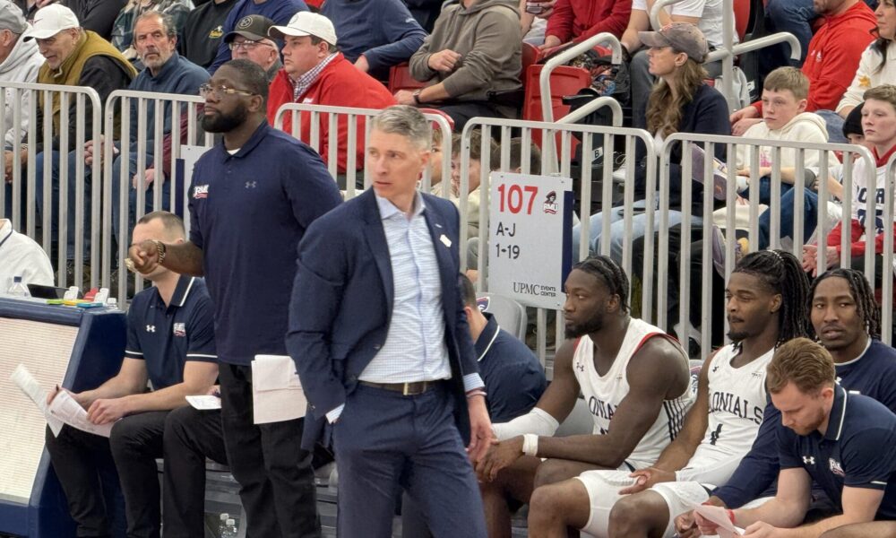Robert Morris head coach on the sidelines of the UPMC Events Center.