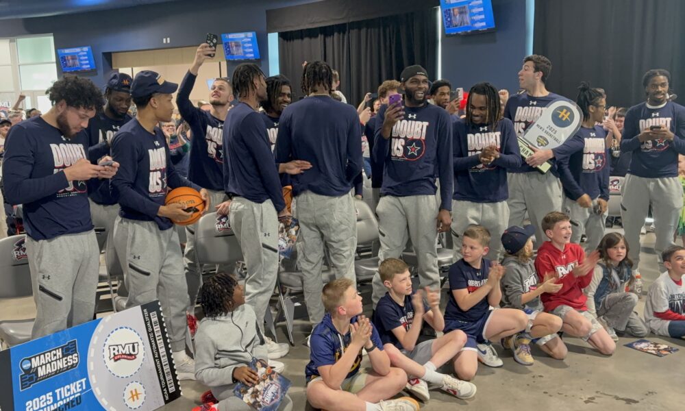 Robert Morris celebrates after earning the No. 15 seed in the NCAA Tournament on March 16, 2025
