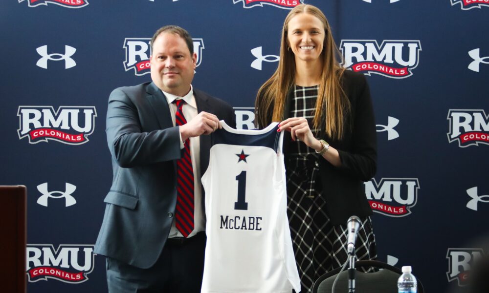 Robert Morris athletic director Chris King and head coach Chandler McCabe -- RMU Athletics