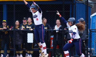 Robert Morris' Courtney Poulich and Anna Resnik celebrate a walk-off win against Northern Kentucky on April 4, 2025 -- RMU Athletics
