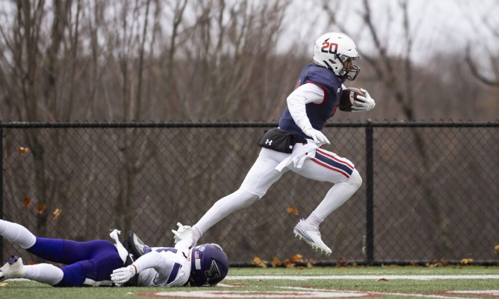 Robert Morris wide receiver Shawn Charles runs towards the end zone in a game against Stonehill during the 2024 season -- RMU Athletics