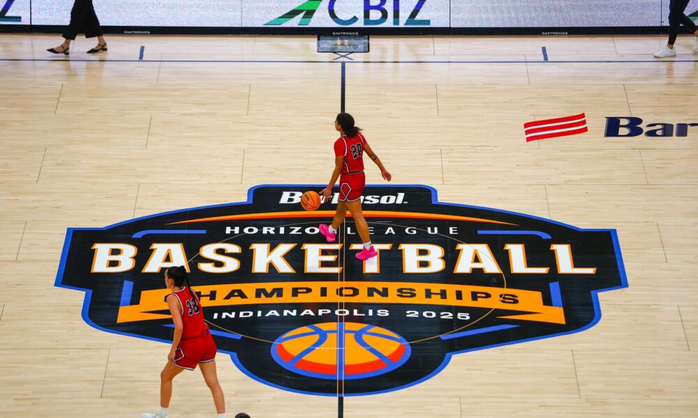 Robert Morris' Jada Lee and Noa Givon during the Horizon League semifinal matchup against Green Bay -- RMU Athletics