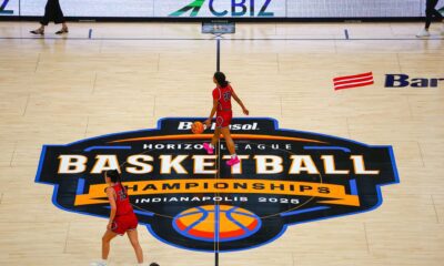 Robert Morris' Jada Lee and Noa Givon during the Horizon League semifinal matchup against Green Bay -- RMU Athletics