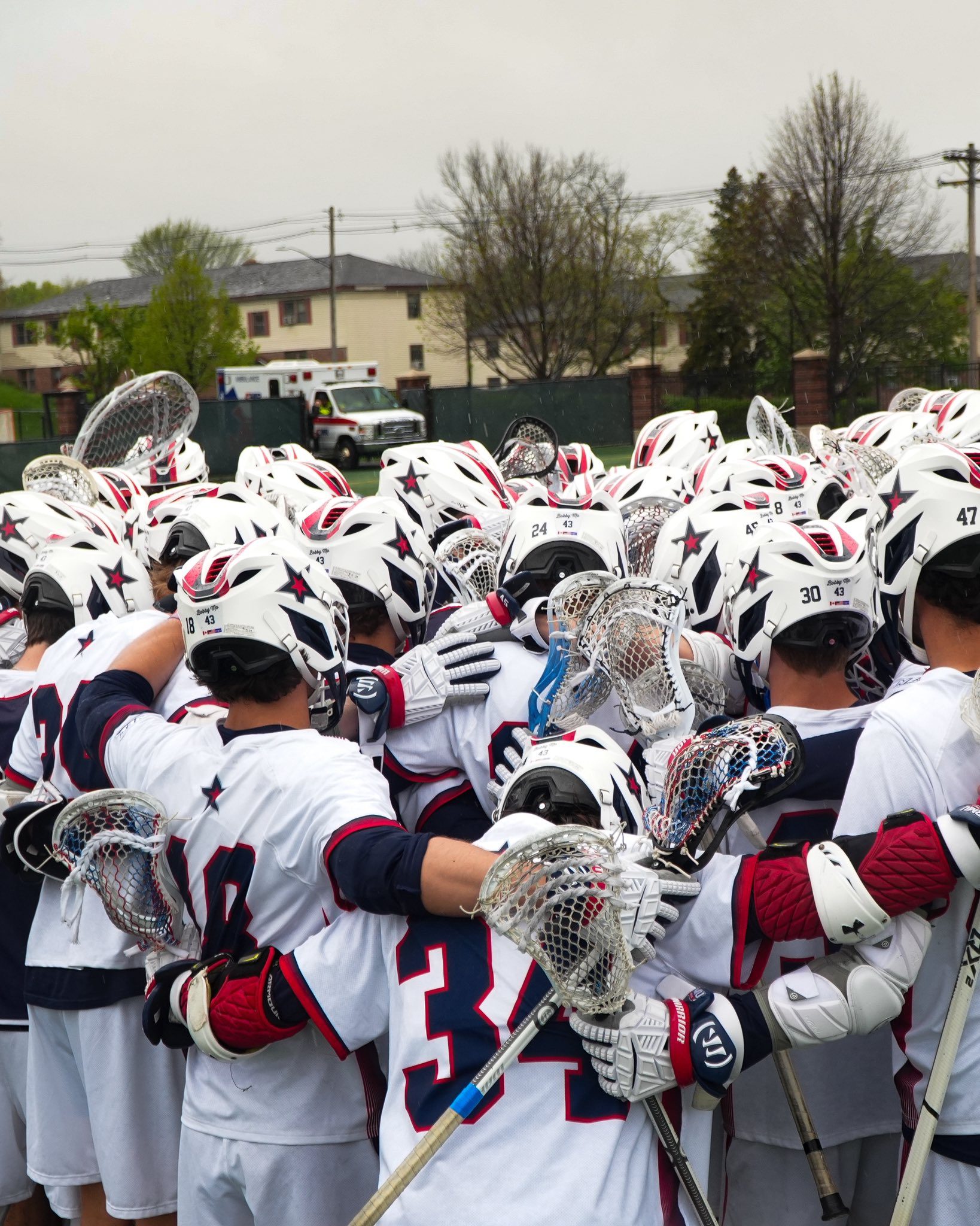 The Robert Morris men's lacrosse team before playing Detroit Mercy in the NEC Championship on Saturday, May 3, 2025 -- RMU Athletics
