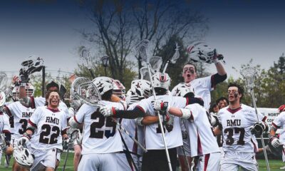 The Robert Morris men's lacrosse team after beating Detroit Mercy in the NEC Championship on Saturday, May 3, 2025 -- RMU Athletics