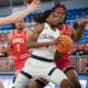 Robert Morris guard Justice Williams drives towards the basket against Cornell during the 2023-24 season -- RMU athletics