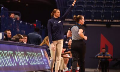 Robert Morris women's head coach Chandler McCabe during a game against Duquesne -- RMU Athletics