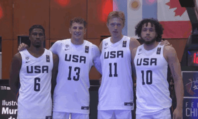 Ryan Prather Jr. (10) alongside his Team USA teammates in Punta Arenas, Chile on July 21, 2025 -- RMU Athletics
