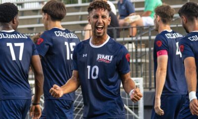 Robert Morris midfielder Anass Hadran celebrates during a match against Duquesne -- RMU Athletics