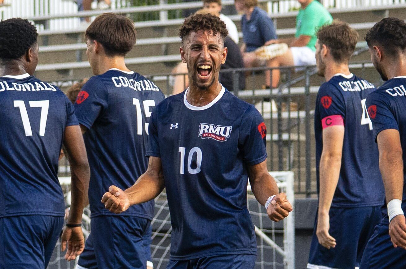 Robert Morris midfielder Anass Hadran celebrates during a match against Duquesne -- RMU Athletics
