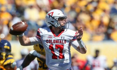 Robert Morris quarterback Zach Tanner attempts a pass against West Virginia on Aug. 30, 2025 -- William Wotring / West Virginia Sports Now
