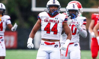 Robert Morris linebacker Jerry Riggins following a play against St. Francis (PA) on Oct. 25, 2025 -- RMU Athletics