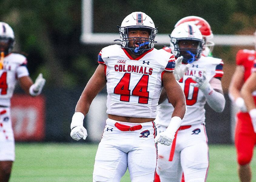 Robert Morris linebacker Jerry Riggins following a play against St. Francis (PA) on Oct. 25, 2025 -- RMU Athletics