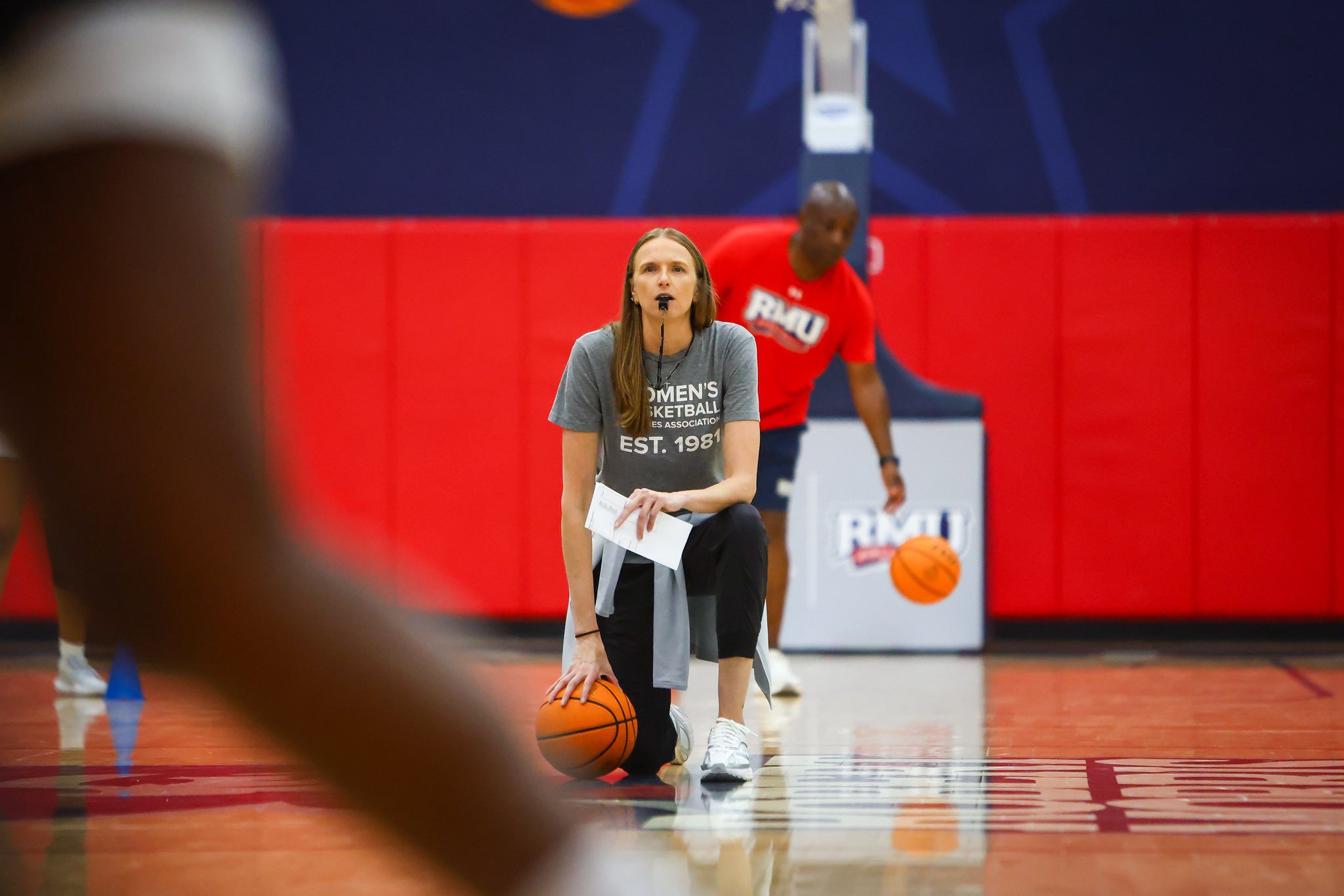 Robert Morris head coach Chandler McCabe watched the Colonials practice -- RMU Athletics