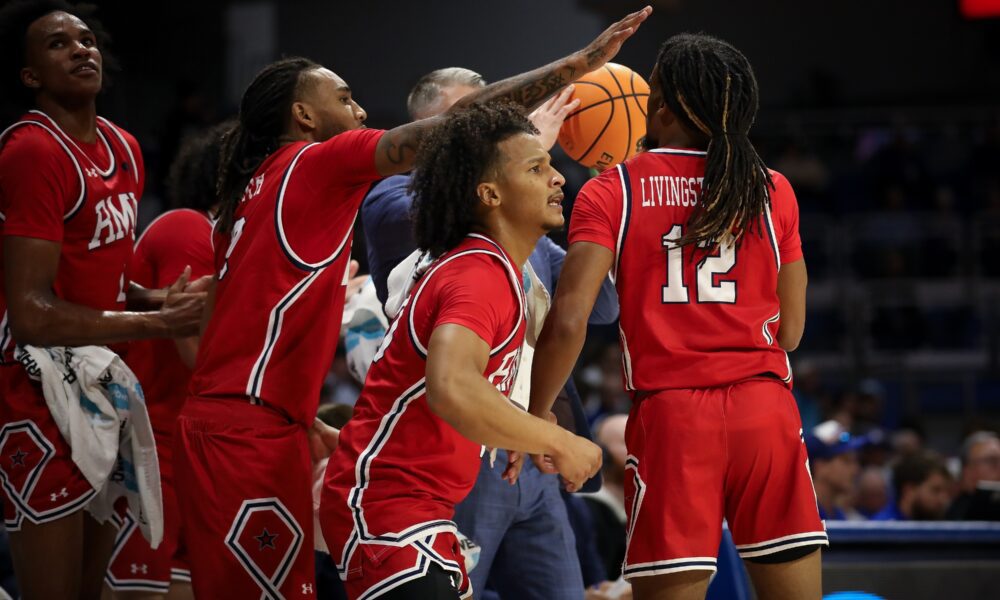 Robert Morris guard Albert Vargas on the sideline during the Colonials' matchup against Drake on Nov. 6, 2025 -- RMU Athletics