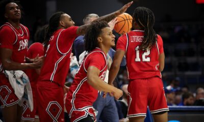 Robert Morris guard Albert Vargas on the sideline during the Colonials' matchup against Drake on Nov. 6, 2025 -- RMU Athletics