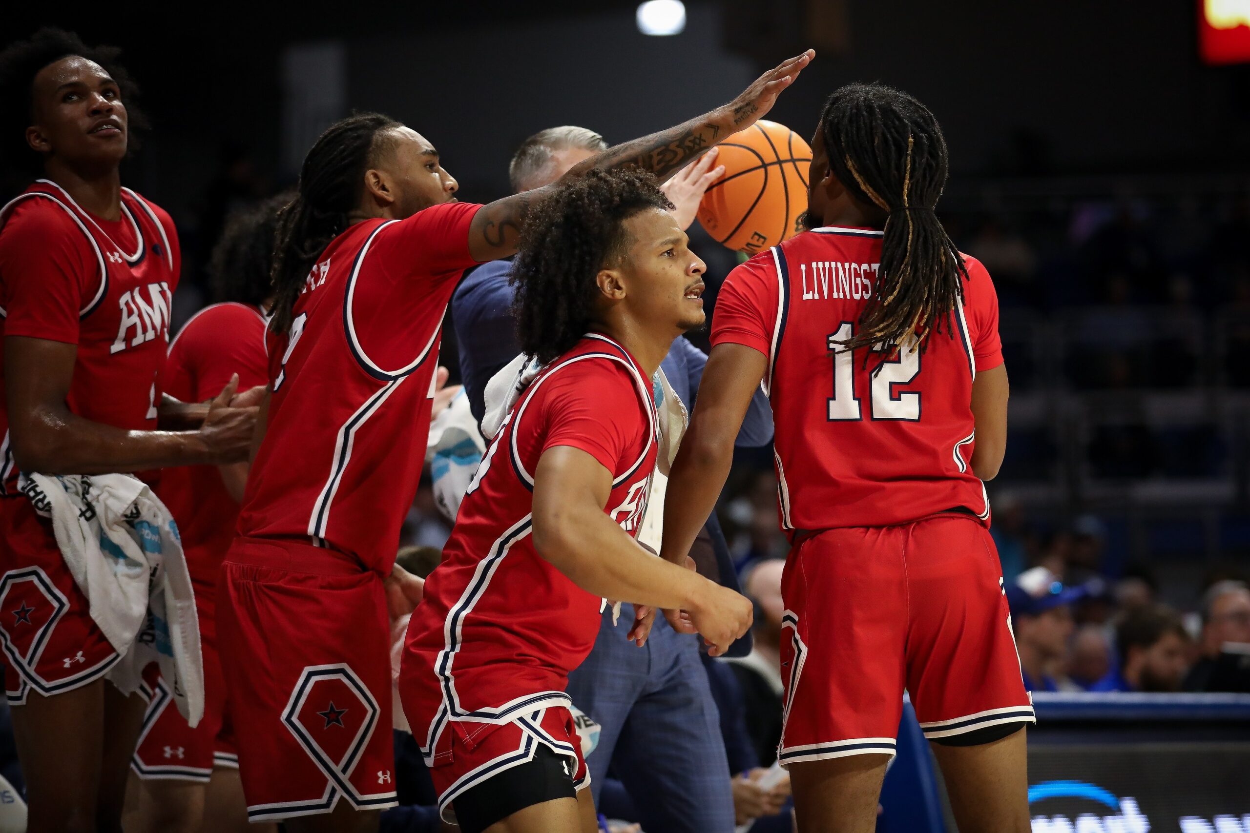 Robert Morris guard Albert Vargas on the sideline during the Colonials' matchup against Drake on Nov. 6, 2025 -- RMU Athletics