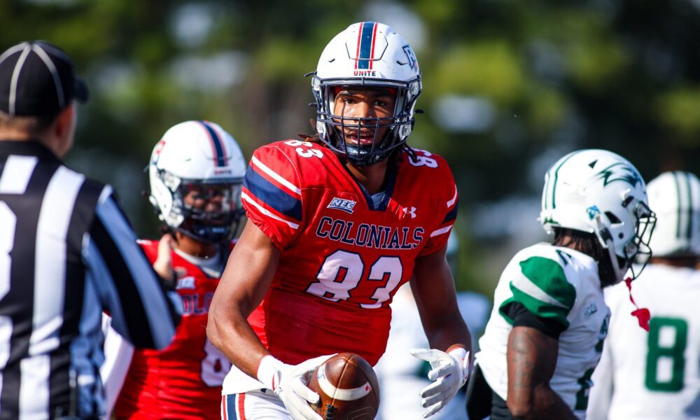 Robert Morris TE Chaz Middleton after he hauled in a touchdown against Wagner on Nov. 8, 2025 -- RMU Athletics