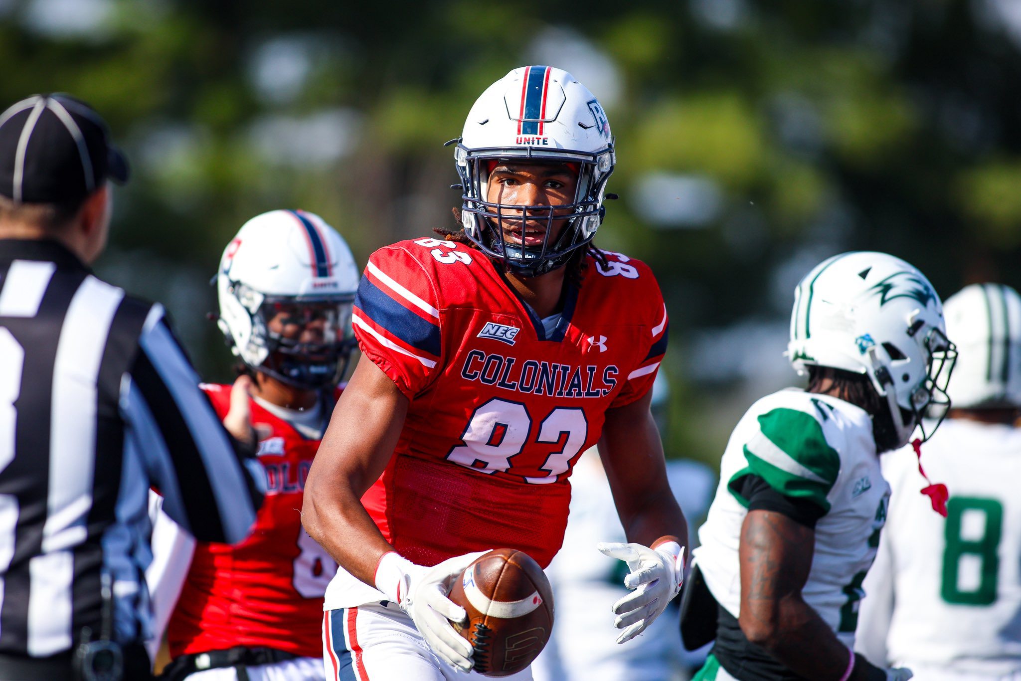 Robert Morris TE Chaz Middleton after he hauled in a touchdown against Wagner on Nov. 8, 2025 -- RMU Athletics