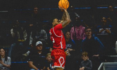 Robert Morris guard Ta'Zir Smith attempts a shot against Monmouth on Nov. 24, 2025 -- RMU Athletics