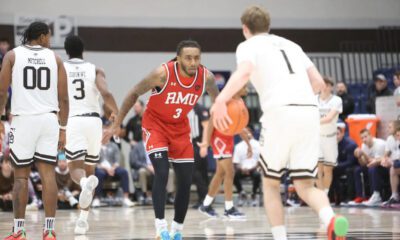 Robert Morris guard Ta'Zir Smith defends a St. Bonaventure player on Nov. 21, 2025 -- RMU Athletics