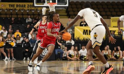 Robert Morris guard Darius Livingston drives the ball up the floor against Milwaukee on Dec. 6, 2025 -- RMU Athletics