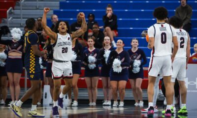 Robert Morris celebrates after coming back to defeat Toledo 75-70 at the UPMC Events Center on Dec. 13, 2025 -- RMU Athletics