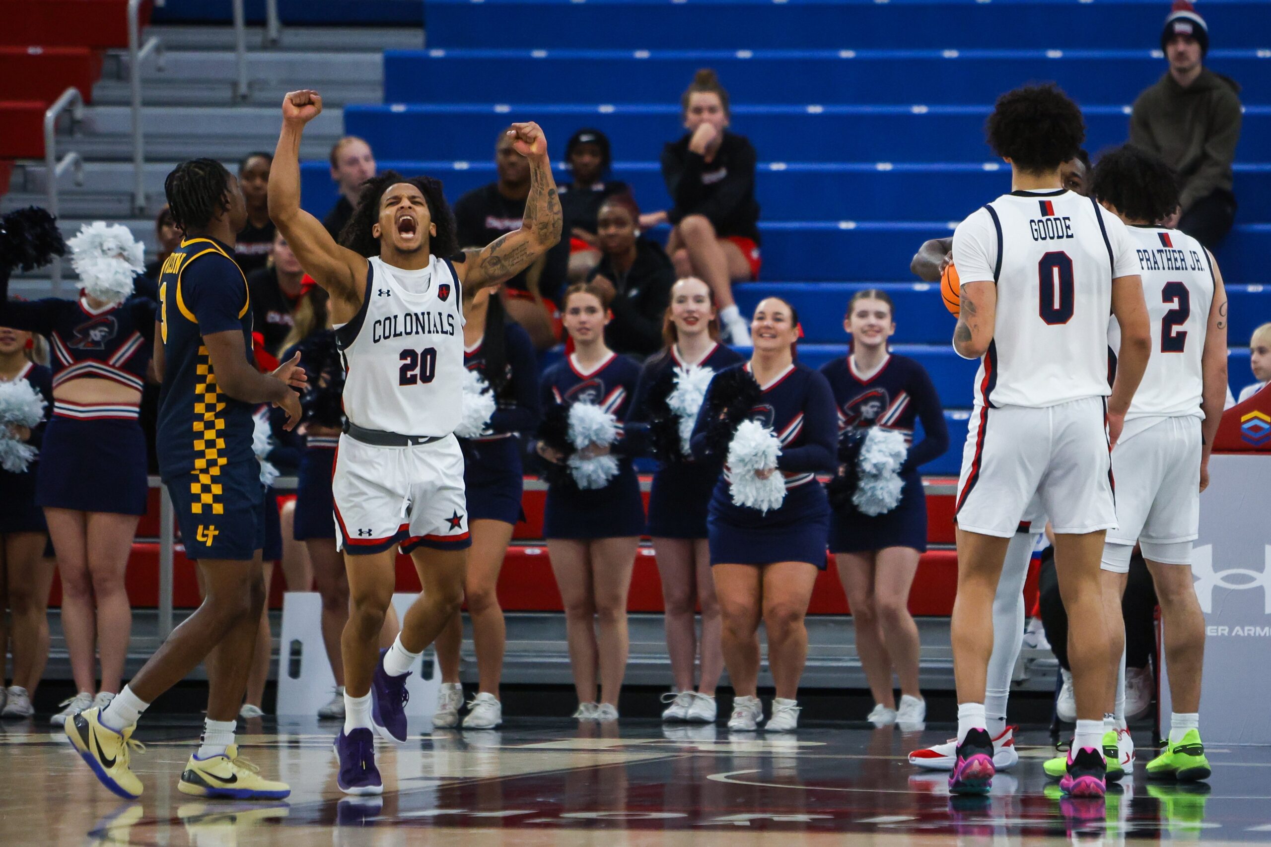 Robert Morris celebrates after coming back to defeat Toledo 75-70 at the UPMC Events Center on Dec. 13, 2025 -- RMU Athletics