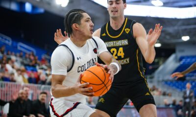 Robert Morris forward DeSean Goode is guarded by Norther Kentucky forward Kael Robinson on Dec. 29, 2025 -- RMU Athletics