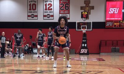 Robert Morris guard Albert Vargas loads up for a free throw against St. Francis on Dec. 20, 2025 -- RMU Athletics