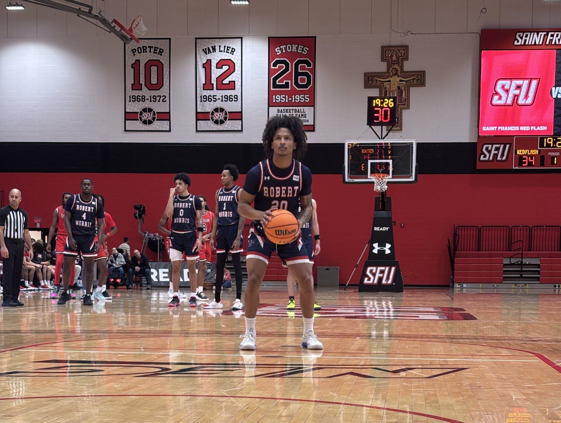 Robert Morris guard Albert Vargas loads up for a free throw against St. Francis on Dec. 20, 2025 -- RMU Athletics