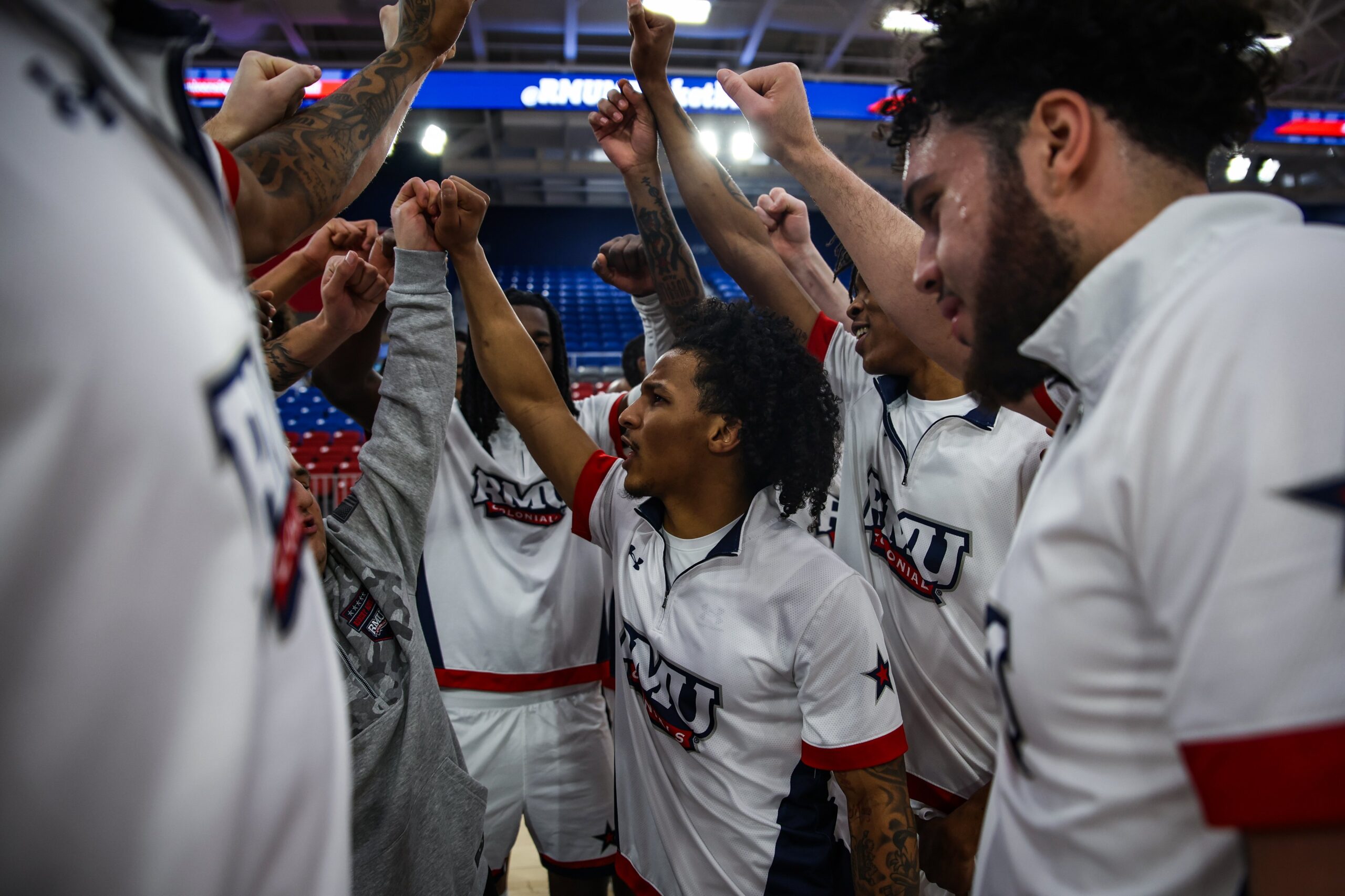 The Robert Morris Colonials break it down prior to a game against Purdue Fort Wayne -- RMU Athletics