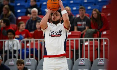 Robert Morris wing Ryan Prather Jr. shoots a warmup shot -- RMU Athletics