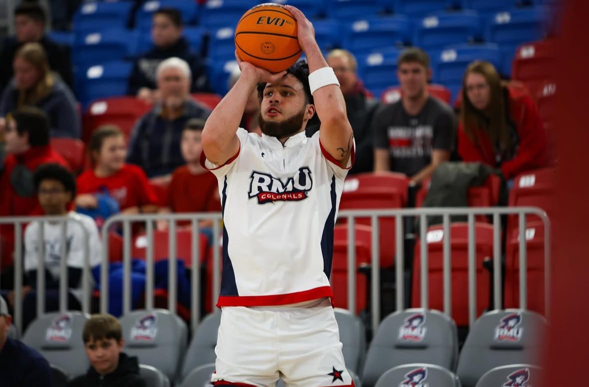 Robert Morris wing Ryan Prather Jr. shoots a warmup shot -- RMU Athletics