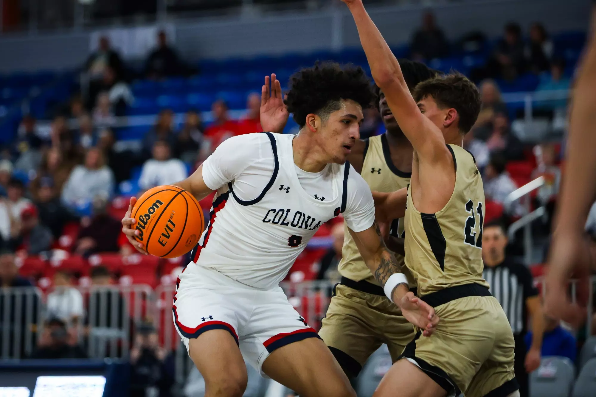 Robert Morris forward DeSean Goode drives to the basket -- RMU Athletics