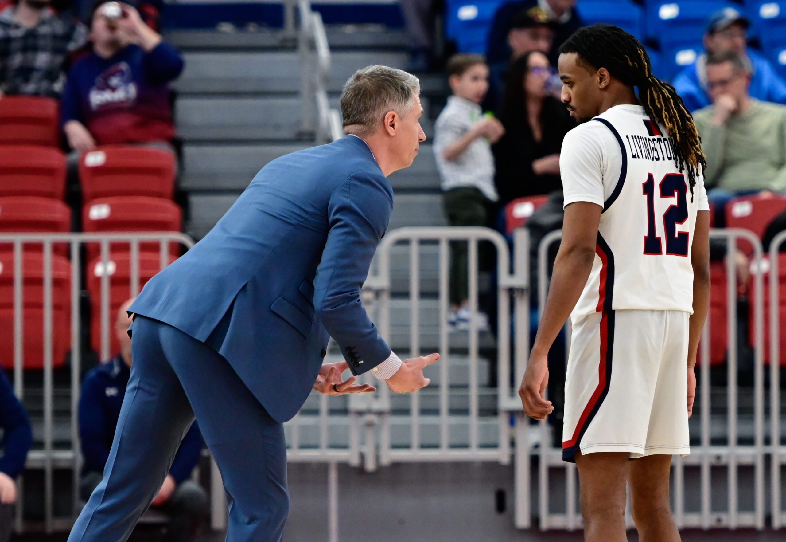 Robert Morris HC Andy Toole coaches up Darius Livingston Jr. during a game against Detroit Mercy on Feb. 25, 2026 -- Ed Thompson // Pittsburgh Sports Now