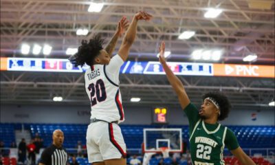 Robert Morris guard Albert Vargas rises up for a shot over a Wright State defender on Feb. 4, 2026 -- RMU Athletics