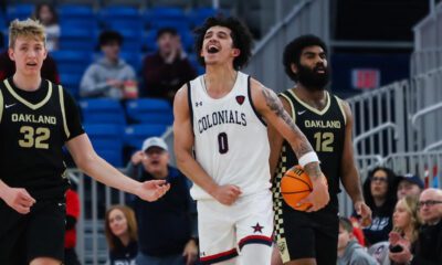 Robert Morris forward DeSean Goode celebrates after forcing a steal against an Oakland player on Feb. 15, 2026 -- RMU Athletics