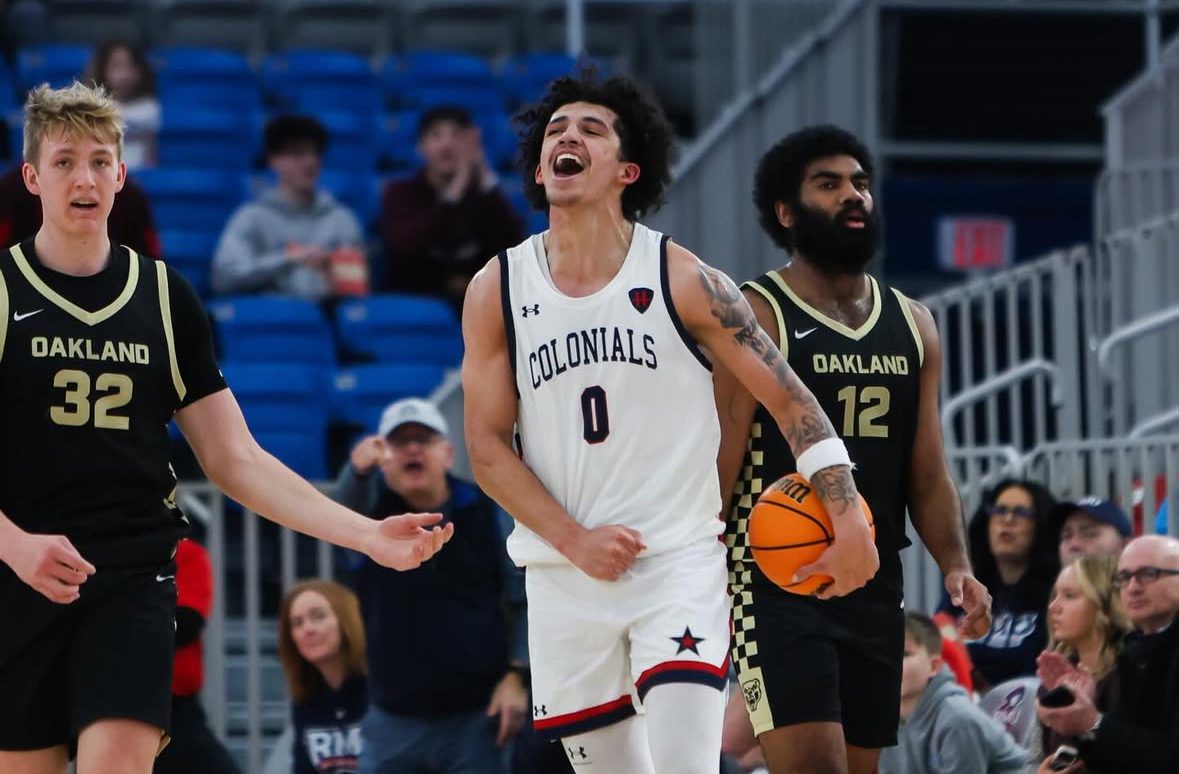 Robert Morris forward DeSean Goode celebrates after forcing a steal against an Oakland player on Feb. 15, 2026 -- RMU Athletics