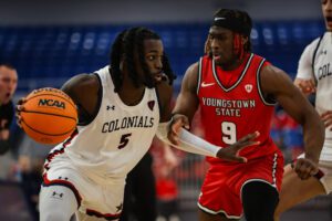 Robert Morris guard Cam Wilds drives against against a Youngstown St. defender on Dec. 17, 2025 -- RMU Athletics